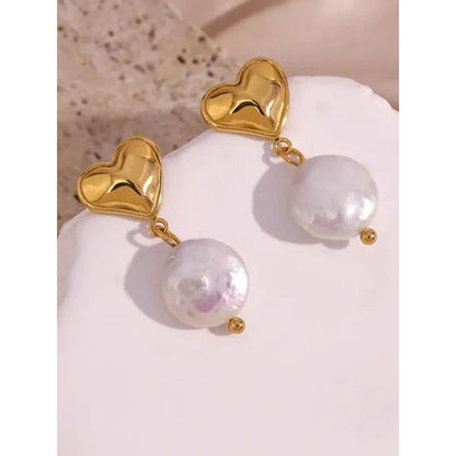 Peachy Accessories Heart Pearl Drop Earrings 18K Gold Plated