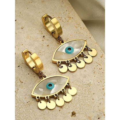 Peachy Accessories Classic Evil Eye Dangler Hoop Earrings 18K Gold Plated