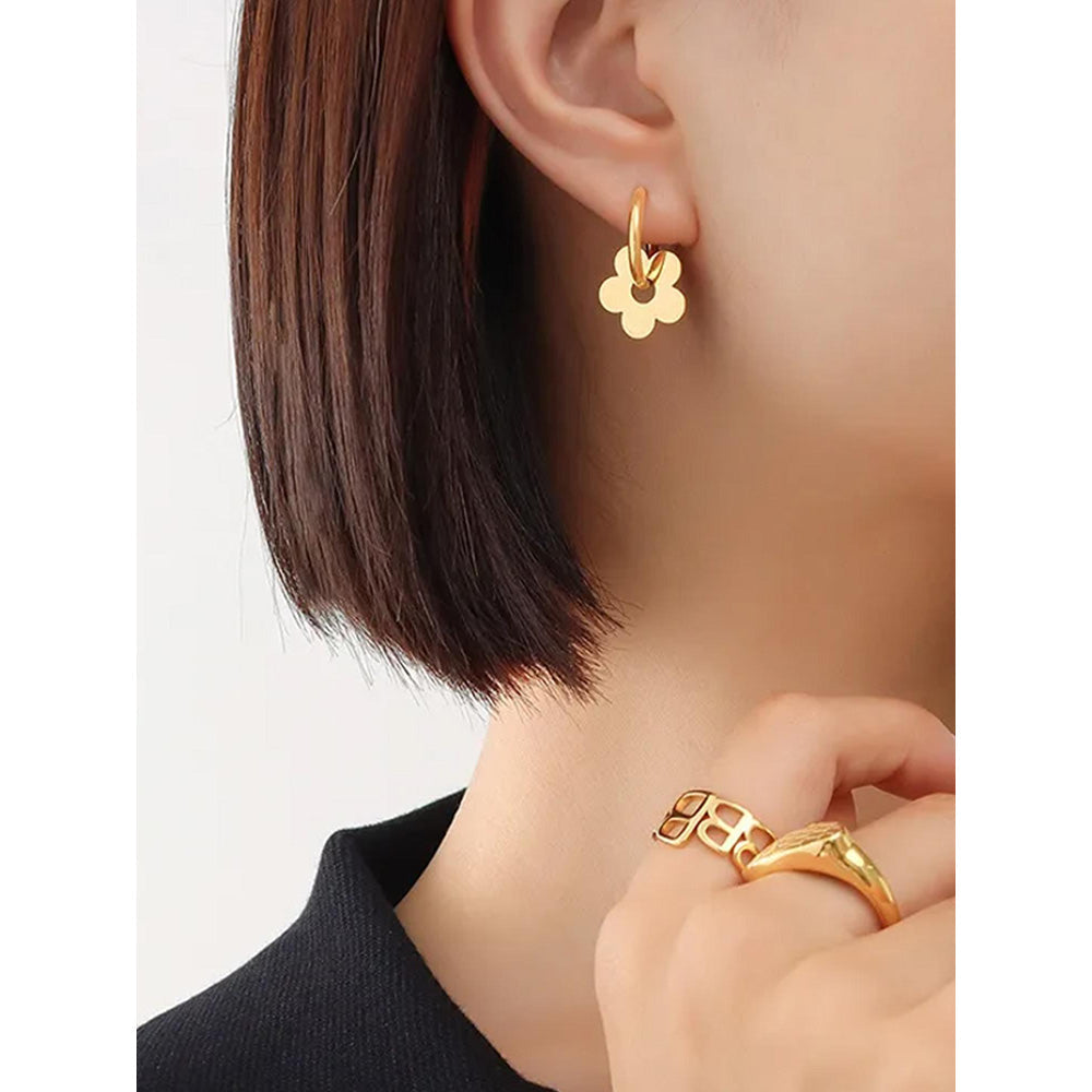 Peachy Accessories 18K Gold Plated Dangling Flower Huggie Hoops Earrings