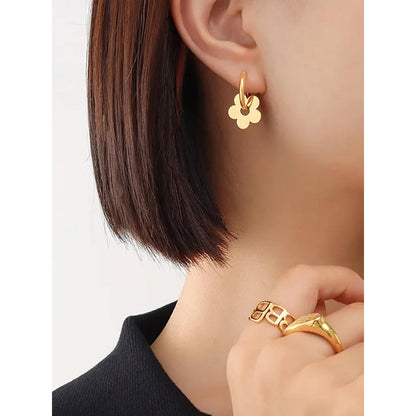 Peachy Accessories 18K Gold Plated Dangling Flower Huggie Hoops Earrings
