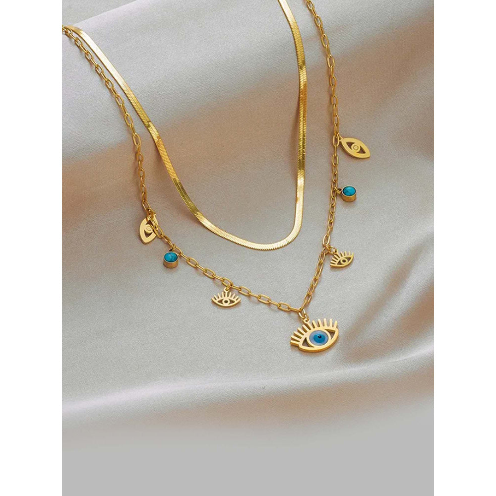 Peachy Accessories Evil Eye Layered Snake Chain Necklace - 18K Gold Plated For Women