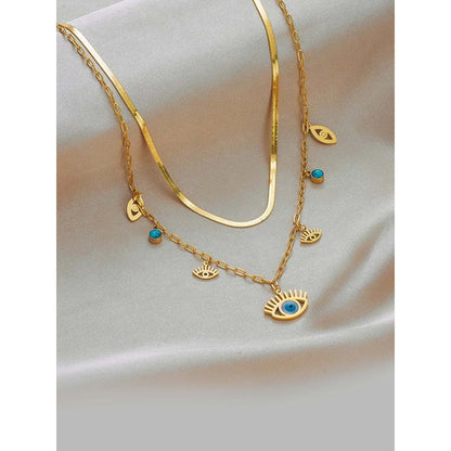 Peachy Accessories Evil Eye Layered Snake Chain Necklace - 18K Gold Plated For Women
