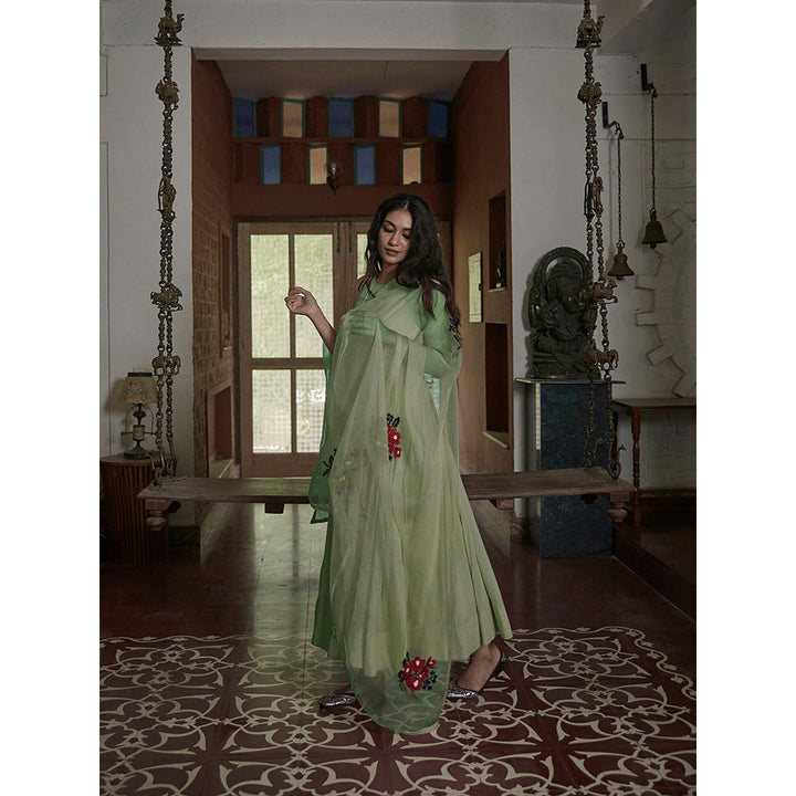 PEELI DORI Mint Green Embroidered Dress with Dupatta (Set of 2)