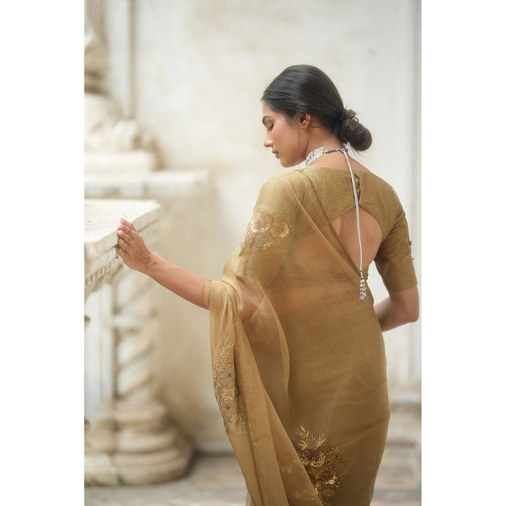 PEELI DORI Paro Gold Organza Embroidered Saree with Stitched Blouse