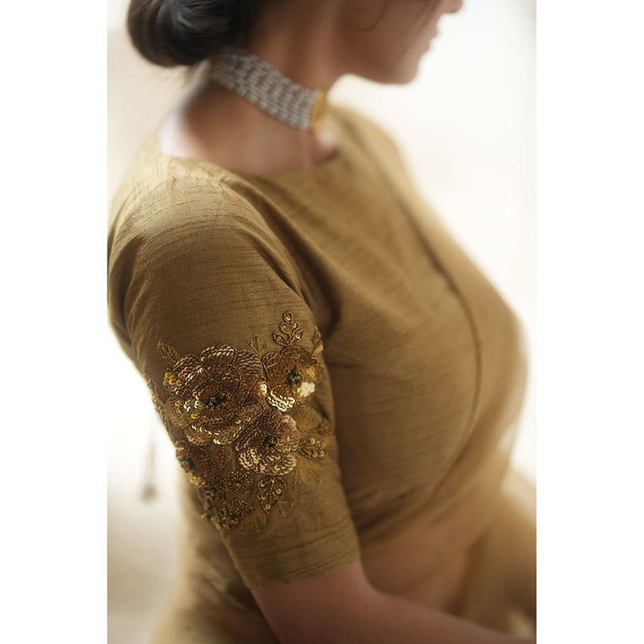 PEELI DORI Paro Gold Organza Embroidered Saree with Stitched Blouse