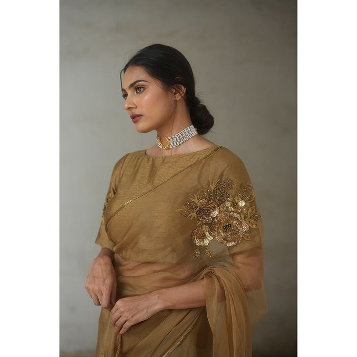 PEELI DORI Paro Gold Organza Embroidered Saree with Stitched Blouse