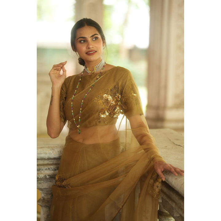 PEELI DORI Paro Gold Organza Embroidered Saree with Stitched Blouse