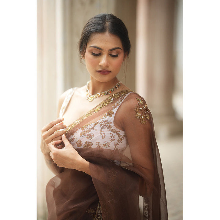 PEELI DORI Brown Expresso Organza Embroidered Saree with Stitched Blouse