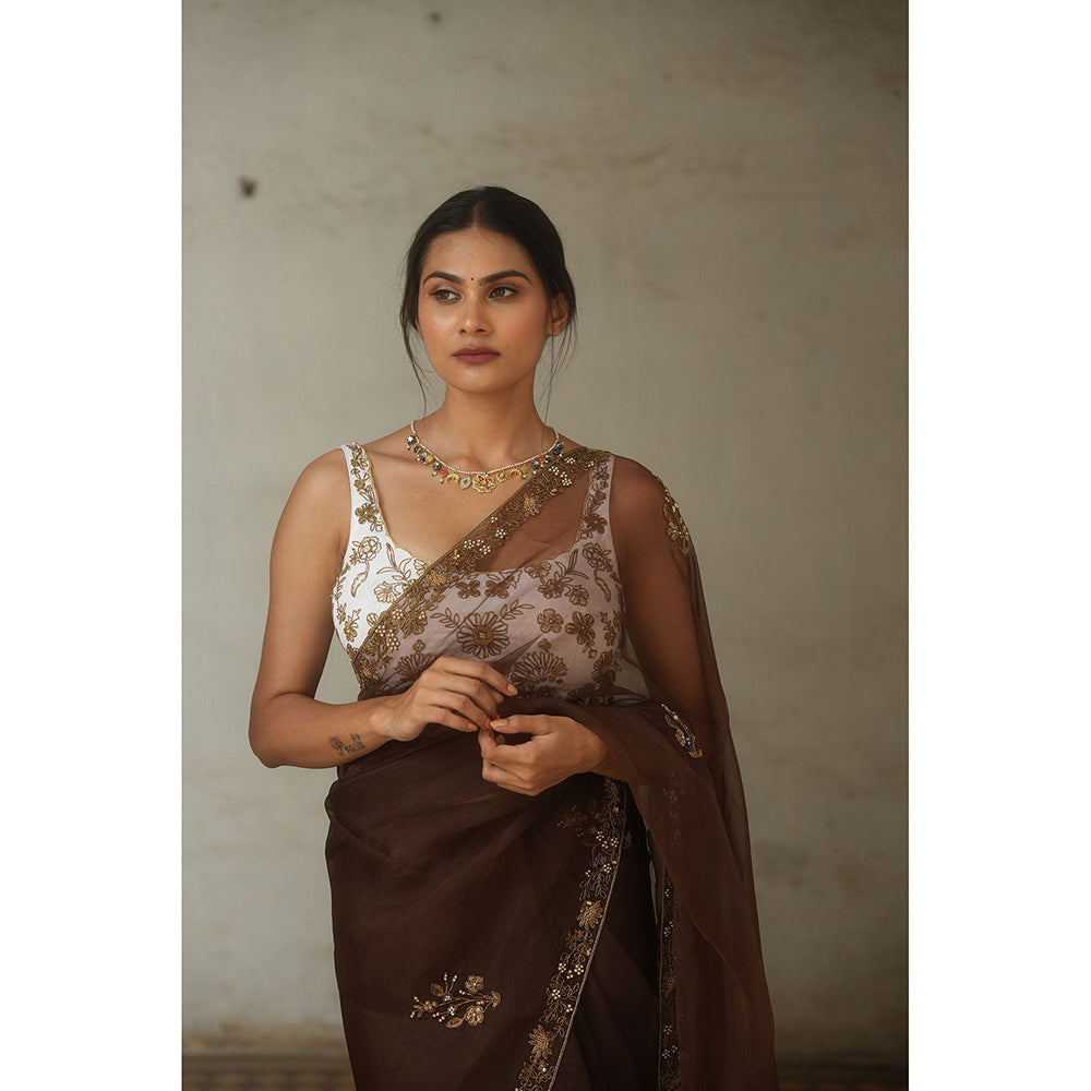 PEELI DORI Brown Expresso Organza Embroidered Saree with Stitched Blouse