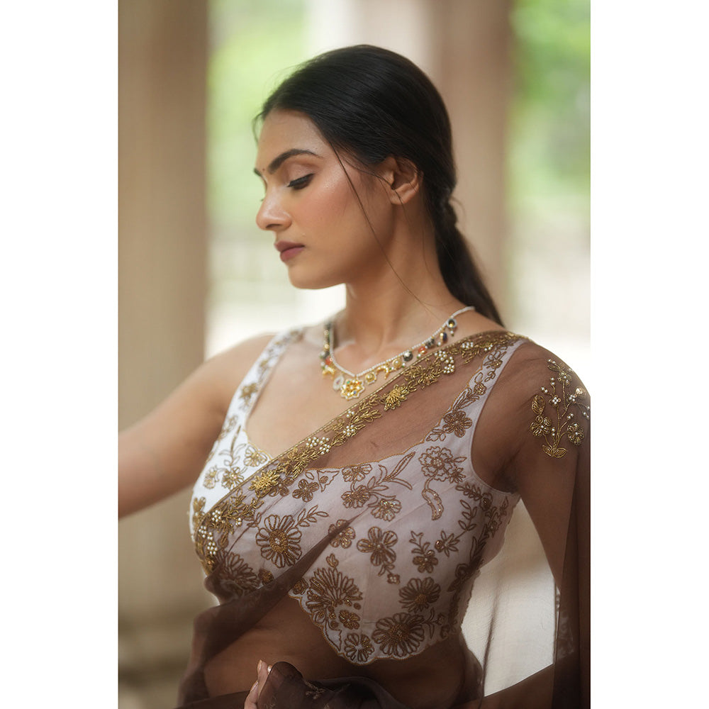 PEELI DORI Brown Expresso Organza Embroidered Saree with Stitched Blouse