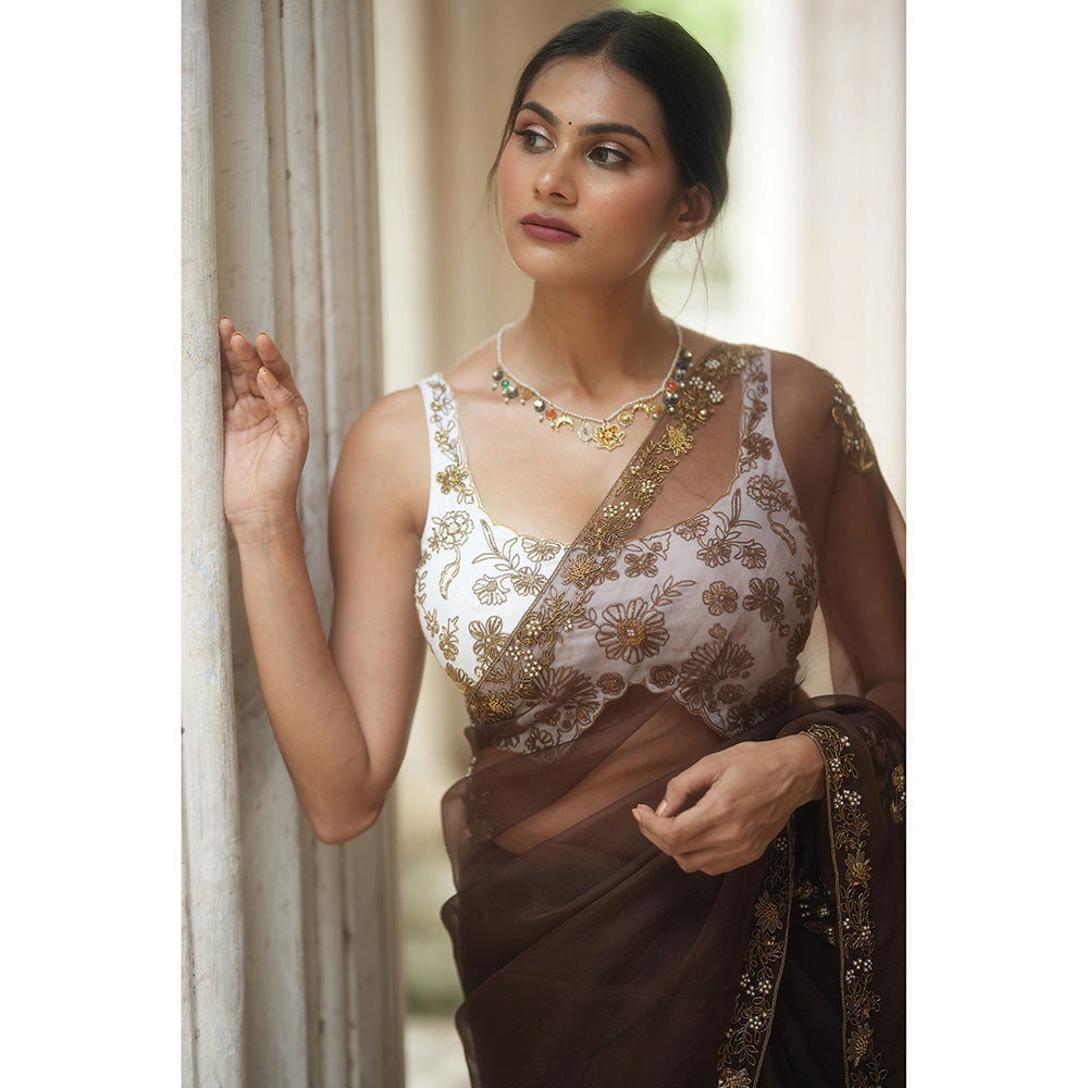 PEELI DORI Brown Expresso Organza Embroidered Saree with Stitched Blouse