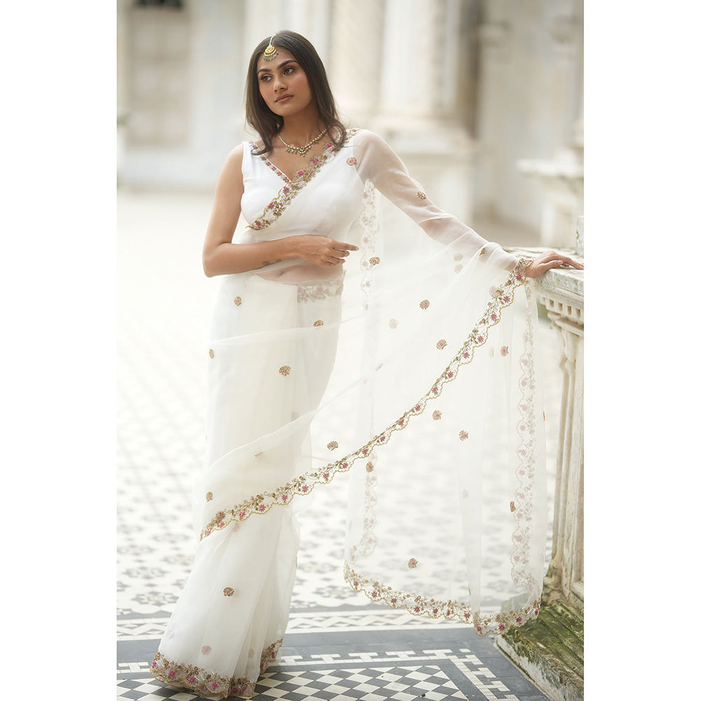 PEELI DORI Reshma White Organza Embellished Saree with Stitched Blouse
