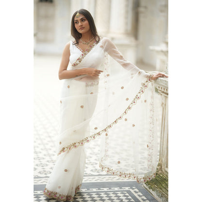 PEELI DORI Reshma White Organza Embellished Saree with Stitched Blouse