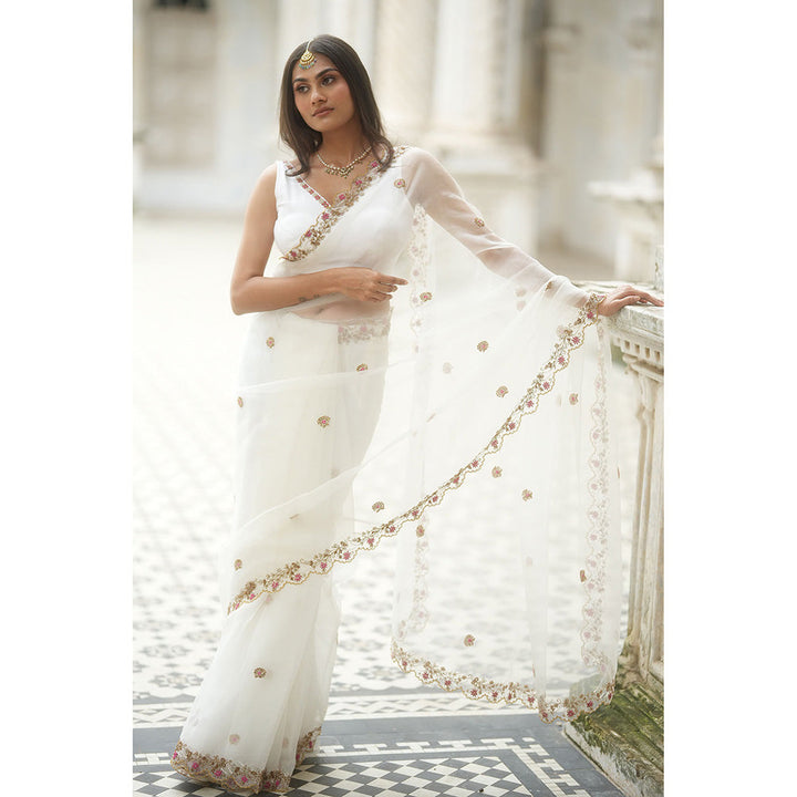 PEELI DORI Reshma White Organza Embellished Saree with Stitched Blouse