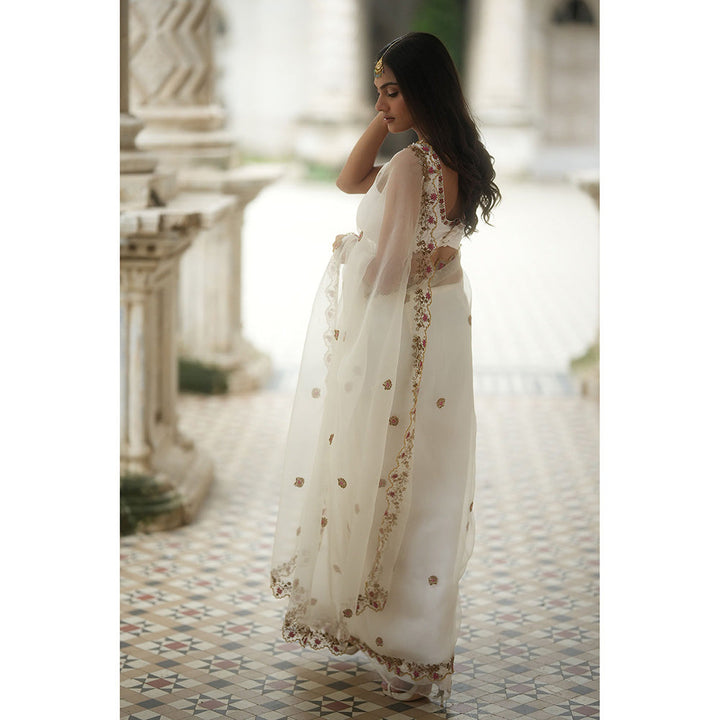 PEELI DORI Reshma White Organza Embellished Saree with Stitched Blouse