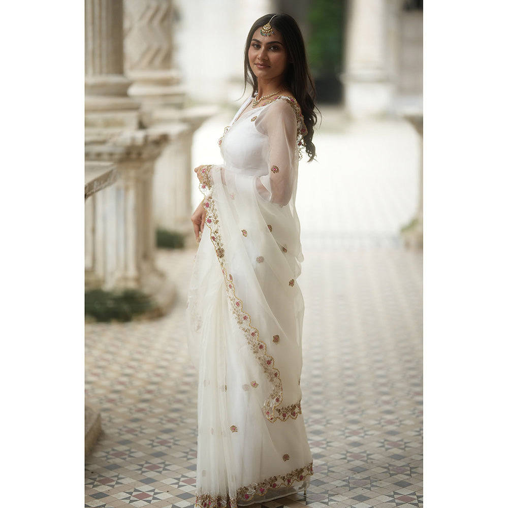 PEELI DORI Reshma White Organza Embellished Saree with Stitched Blouse