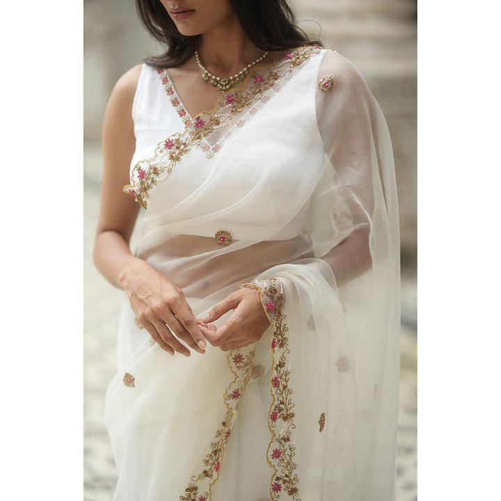 PEELI DORI Reshma White Organza Embellished Saree with Stitched Blouse