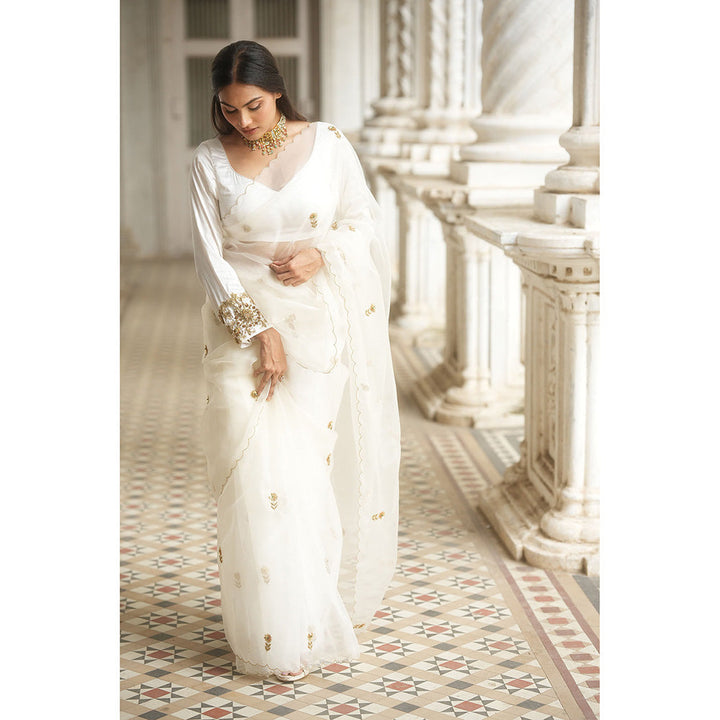 PEELI DORI Iris White Organza Embellished Saree with Stitched Blouse