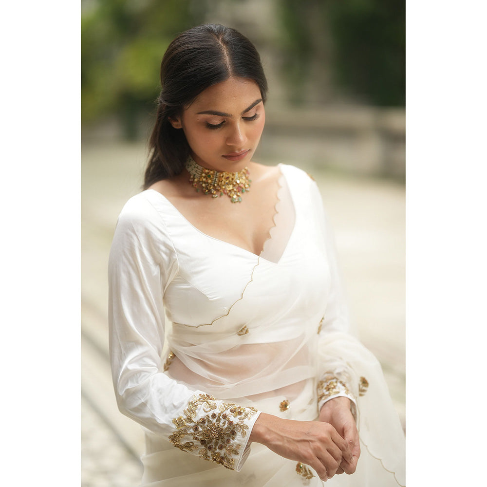 PEELI DORI Iris White Organza Embellished Saree with Stitched Blouse