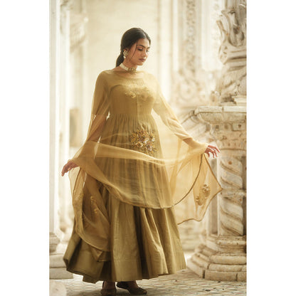 PEELI DORI Paro Gold Chanderi Anarkali Kurta withDupatta (Set of 2)