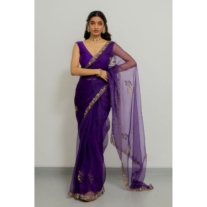 PEELI DORI Meenakshi Purple Silk Organza Embroidered Saree with Stitched Blouse