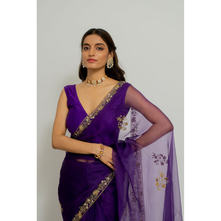 PEELI DORI Meenakshi Purple Silk Organza Embroidered Saree with Stitched Blouse