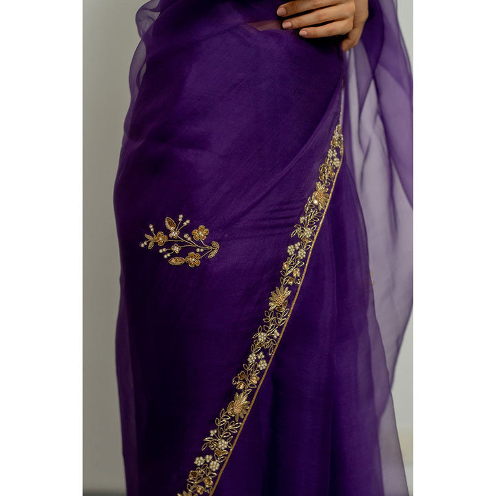 PEELI DORI Meenakshi Purple Silk Organza Embroidered Saree with Stitched Blouse