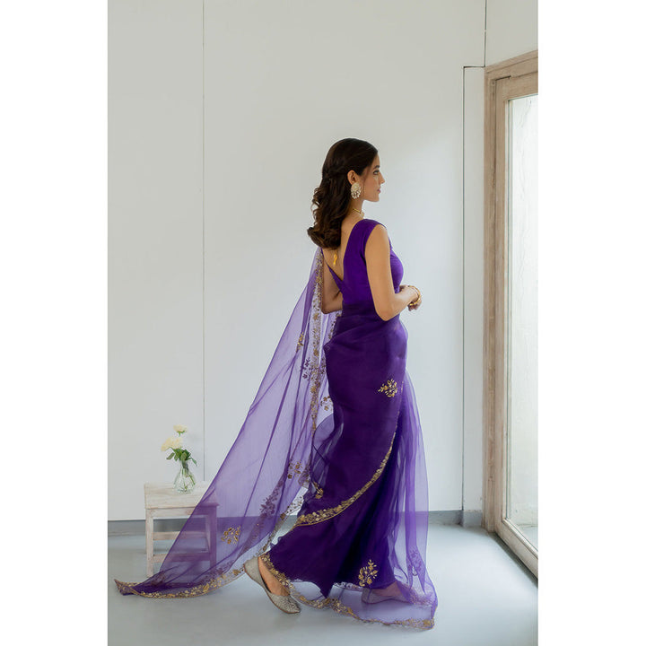 PEELI DORI Meenakshi Purple Silk Organza Embroidered Saree with Stitched Blouse