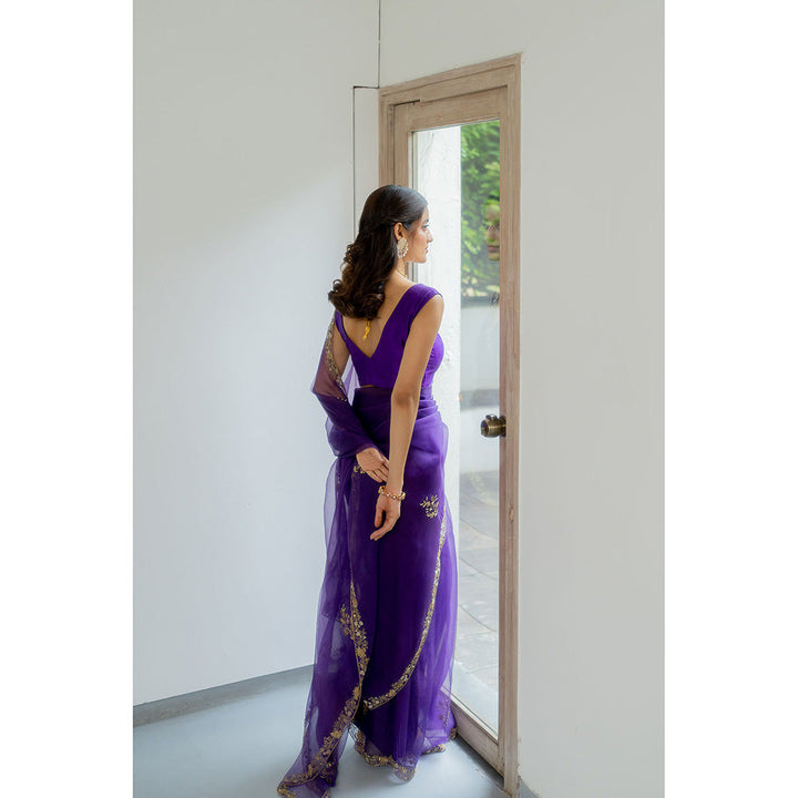 PEELI DORI Meenakshi Purple Silk Organza Embroidered Saree with Stitched Blouse