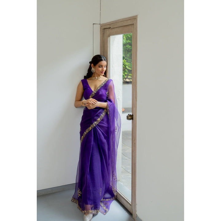 PEELI DORI Meenakshi Purple Silk Organza Embroidered Saree with Stitched Blouse