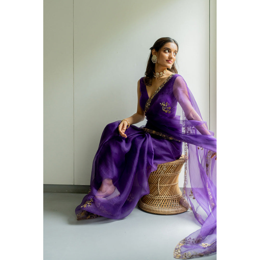 PEELI DORI Meenakshi Purple Silk Organza Embroidered Saree with Stitched Blouse