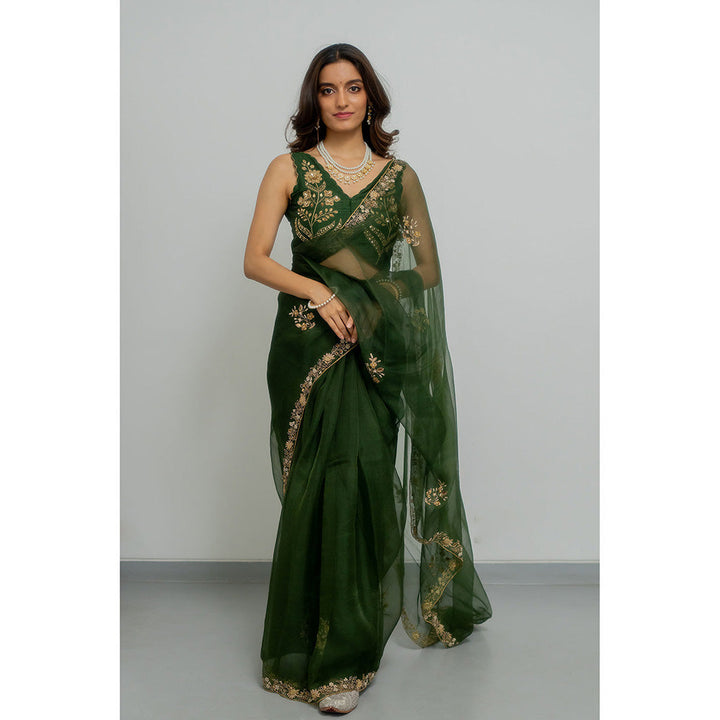 PEELI DORI Heeran Silk Green Embroidered Organza Saree with Stitched Blouse