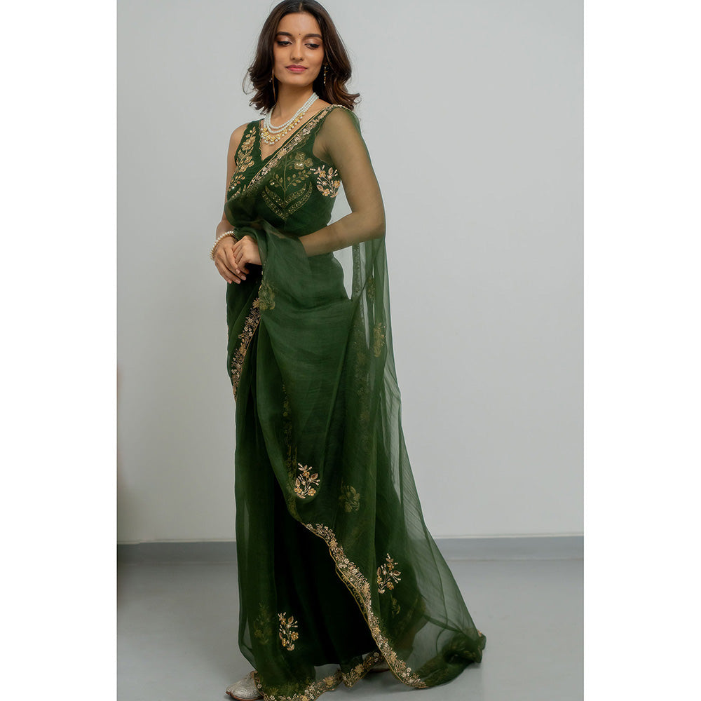 PEELI DORI Heeran Silk Green Embroidered Organza Saree with Stitched Blouse