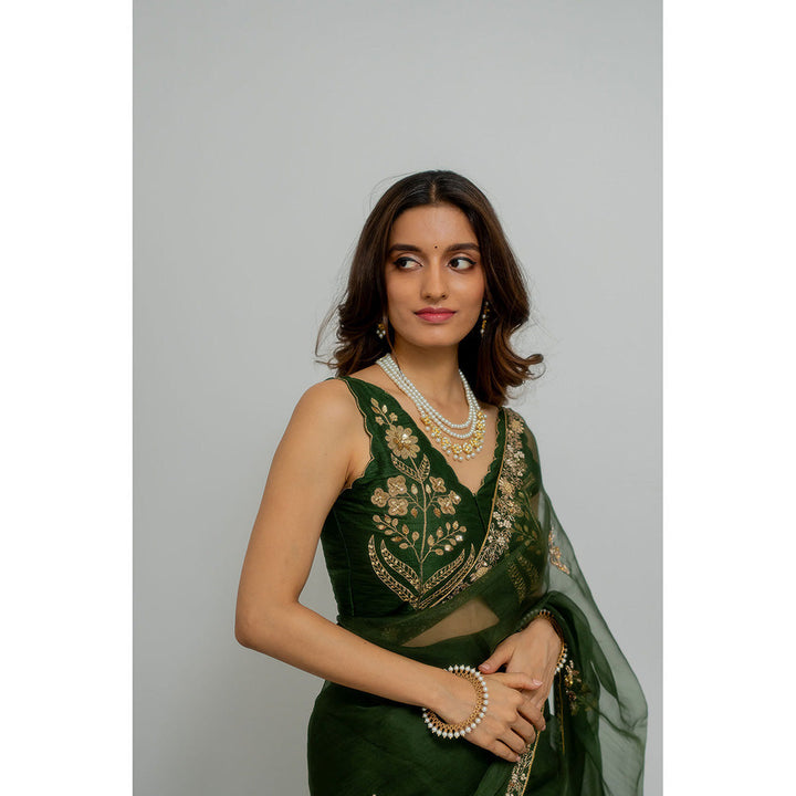 PEELI DORI Heeran Silk Green Embroidered Organza Saree with Stitched Blouse