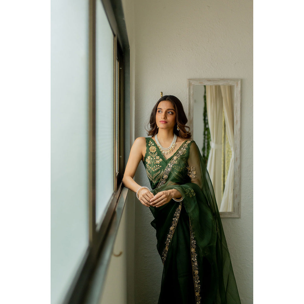 PEELI DORI Heeran Silk Green Embroidered Organza Saree with Stitched Blouse