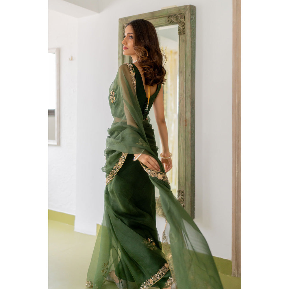 PEELI DORI Heeran Silk Green Embroidered Organza Saree with Stitched Blouse