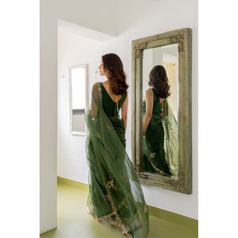 PEELI DORI Heeran Silk Green Embroidered Organza Saree with Stitched Blouse