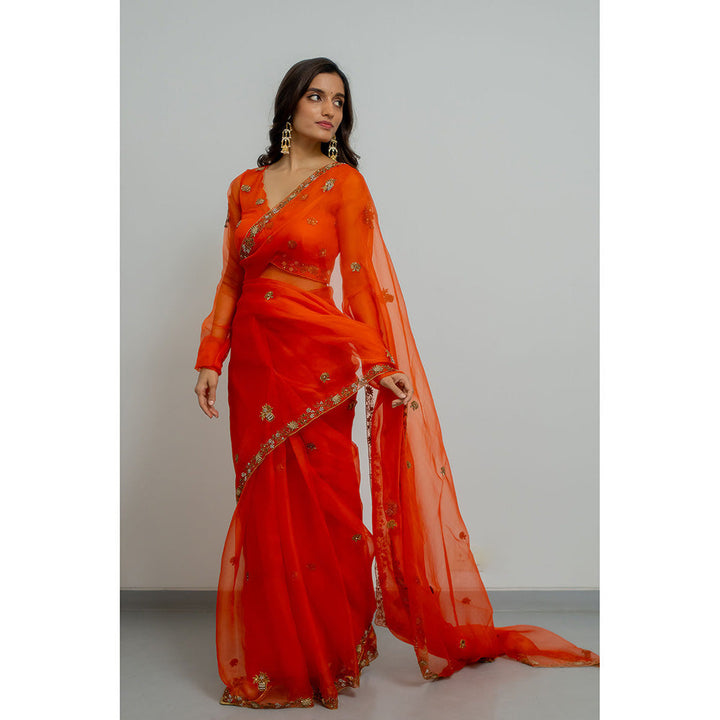 PEELI DORI Rashi Silk Orange Embellished Organza Saree with Stitched Blouse