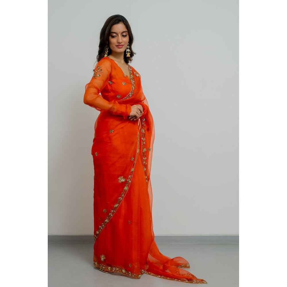 PEELI DORI Rashi Silk Orange Embellished Organza Saree with Stitched Blouse