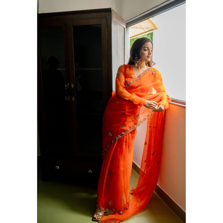 PEELI DORI Rashi Silk Orange Embellished Organza Saree with Stitched Blouse