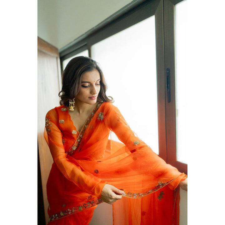 PEELI DORI Rashi Silk Orange Embellished Organza Saree with Stitched Blouse