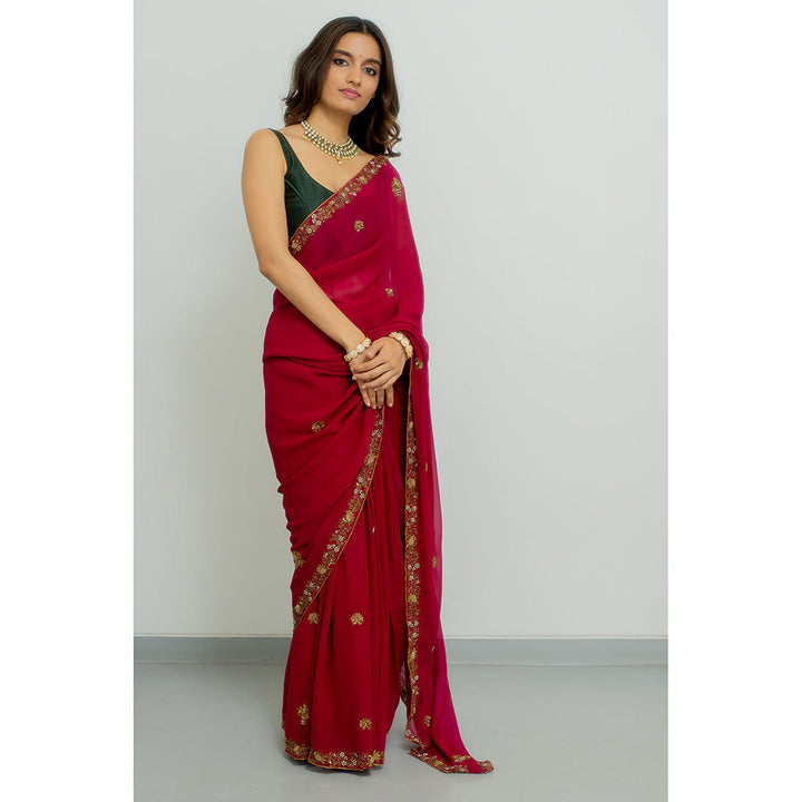 PEELI DORI Meera Wine Georgette Embellished Saree with Stitched Blouse