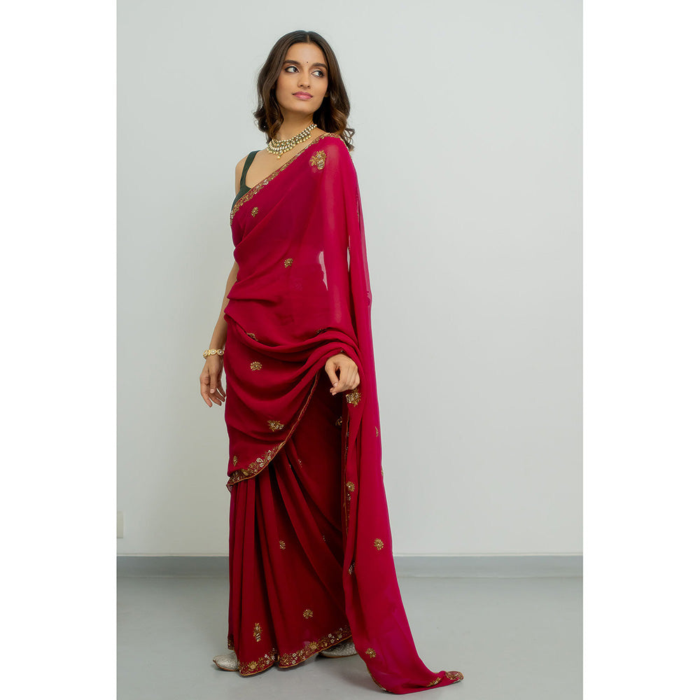 PEELI DORI Meera Wine Georgette Embellished Saree with Stitched Blouse