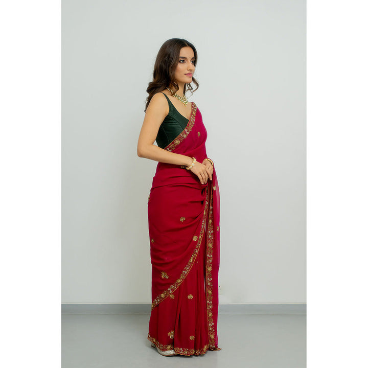 PEELI DORI Meera Wine Georgette Embellished Saree with Stitched Blouse