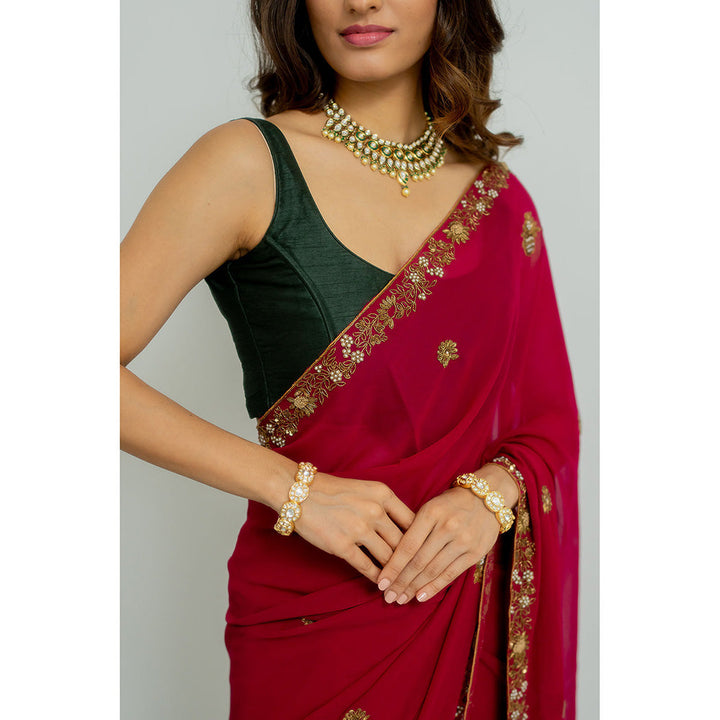 PEELI DORI Meera Wine Georgette Embellished Saree with Stitched Blouse