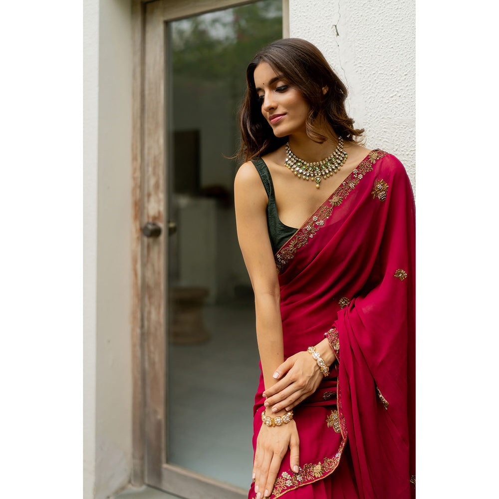 PEELI DORI Meera Wine Georgette Embellished Saree with Stitched Blouse