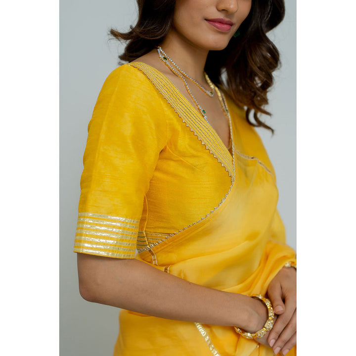 PEELI DORI Madhubala Yellow Solid Gota Work Saree with Stitched Blouse