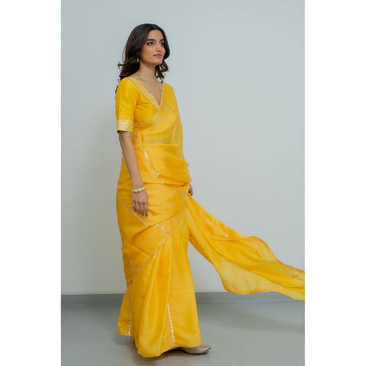 PEELI DORI Madhubala Yellow Solid Gota Work Saree with Stitched Blouse