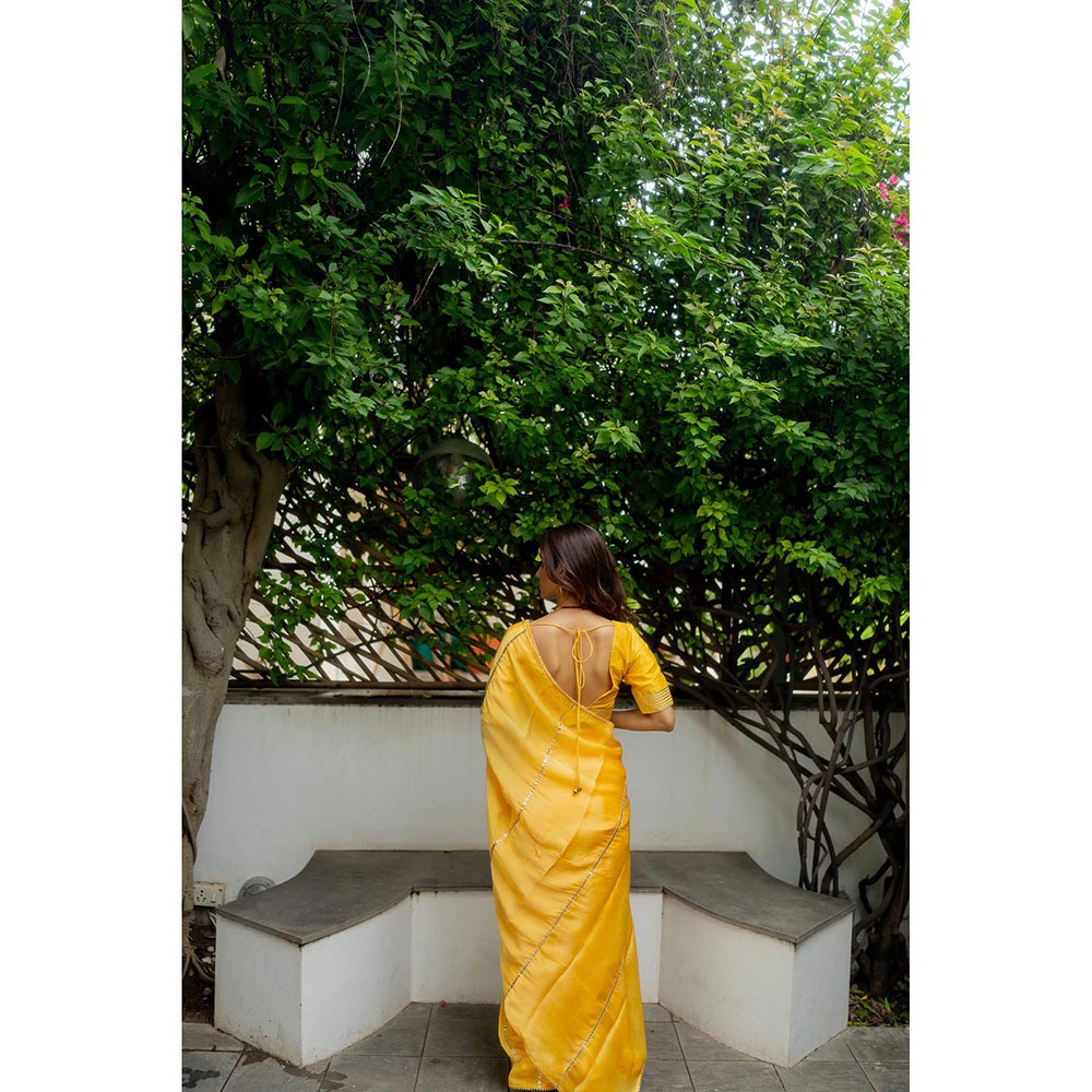 PEELI DORI Madhubala Yellow Solid Gota Work Saree with Stitched Blouse