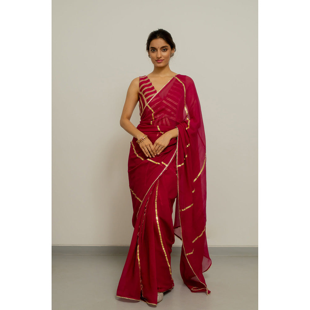 PEELI DORI Dhara Wine Stripes Saree with Stitched Blouse